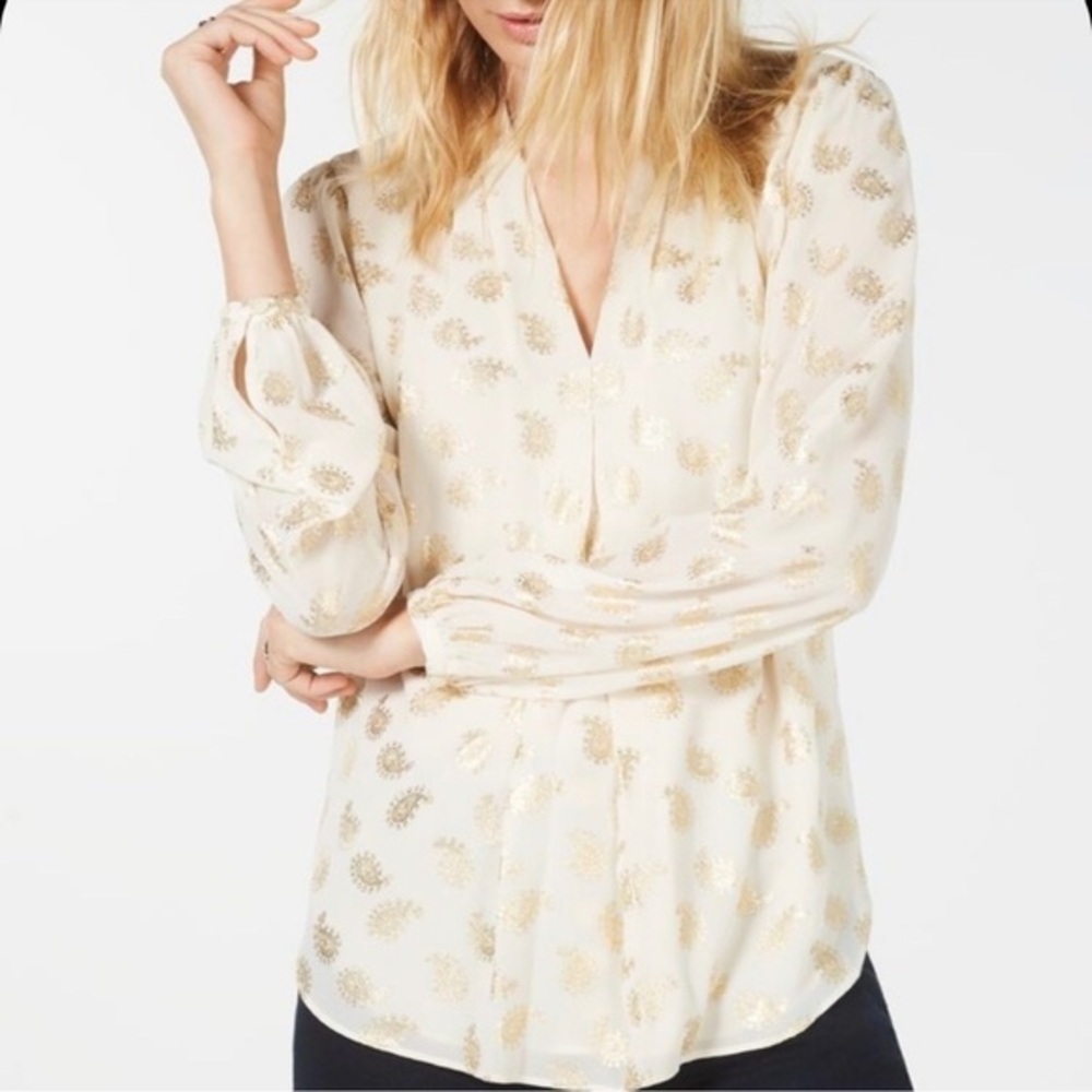 Michael Kors Cream Blouse with Puff Sleeves and Mandarin Collar